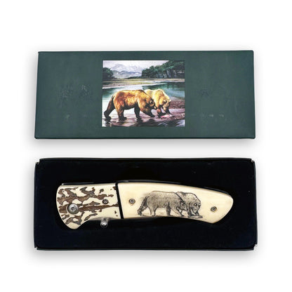 Rex Distributor KN 1859-B 4.25-inch sketch wildlife bear folding knife with belt clip, displayed open with detailed handle design.