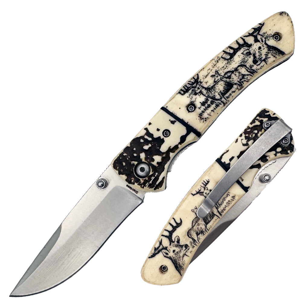 Rex Distributor KN 1859-D 4.25-inch sketch wildlife folding knife with belt clip, displayed in a set, detailed close-up image.