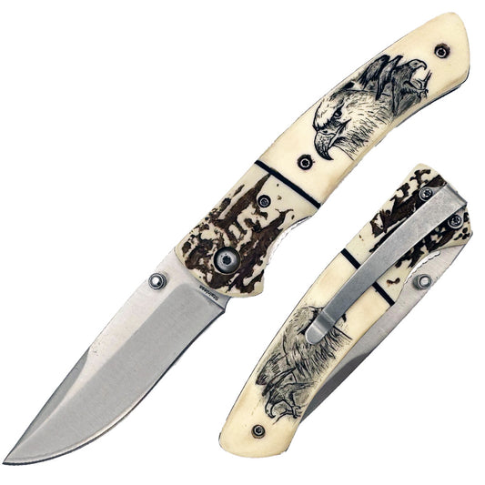 Rex Distributor KN 1859-E 4.25-inch folding wildlife eagle sketch knife with belt clip, display set knife, open blade showing detailed design.