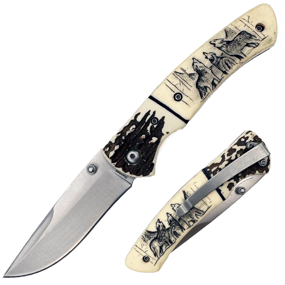 Rex Distributor KN 1859-W wildlife wolf folding knife display set with 4.25-inch blade and belt clip, shown in open position.
