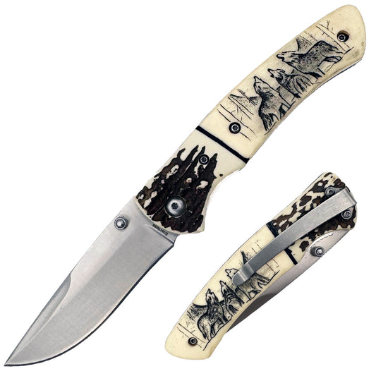Rex Distributor KN 1859-W wildlife wolf folding knife display set with 4.25-inch blade and belt clip, shown in open position.