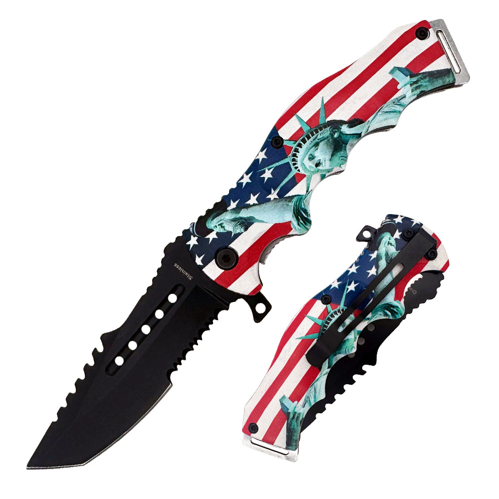 Rex Distributor KN 1860-USL 4.75-inch Statue of Liberty assist-open tactical folding knife with serrated blade.