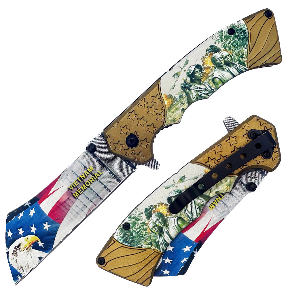 Rex Distributor Vietnam Memorial Assist-Open Folding Knife with belt clip, spring-assisted tactical knife with a black handle and blade.