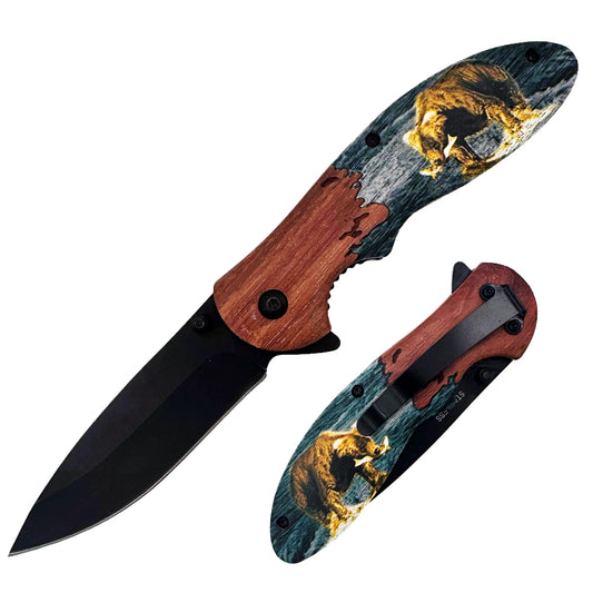 Rex Distributor KN 1909-B 4.5-inch bear wood handle tactical folding knife with assist-open mechanism and belt clip