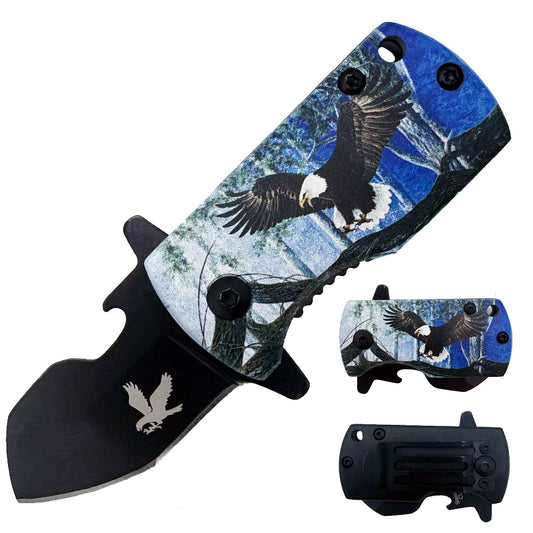 Spring assisted tactical knife by Rex Distributor with a 2.25-inch eagle handle money clip and assist-open folding blade.