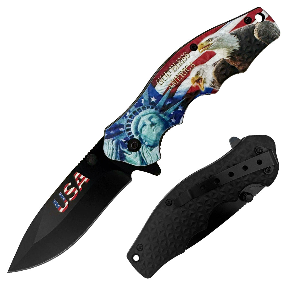 Rex Distributor KN 1963 4.5-inch assist-open tactical folding knife with textured handle, "God Bless America" engraving, belt clip