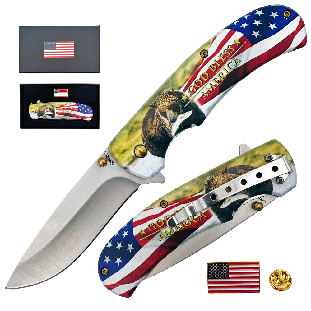 Spring assisted tactical knife by Rex Distributor, Inc., features a wildlife bear design, American flag pin, and assist-open mechanism.