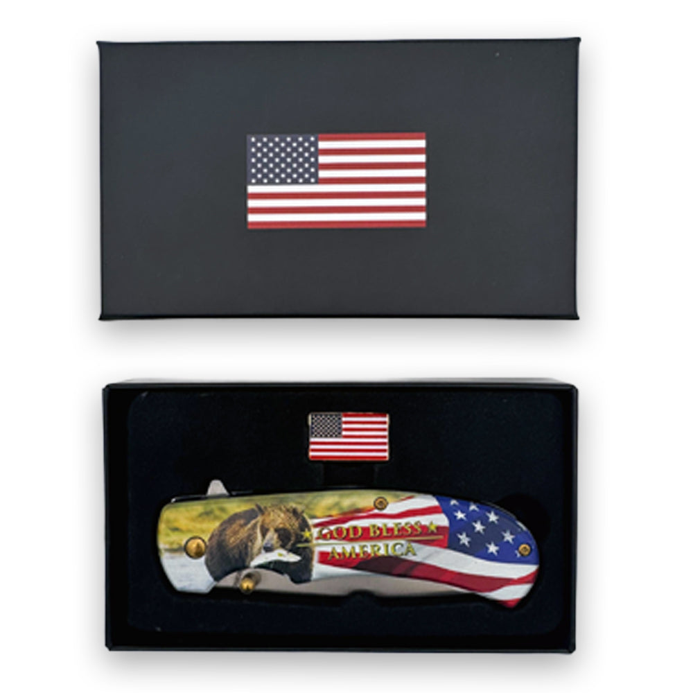 Rex Distributor Inc. KN 1971-B 4.75-inch God Bless America wildlife bear assist-open folding tactical knife with flag pin
