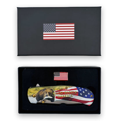 Rex Distributor Inc. KN 1971-B 4.75-inch God Bless America wildlife bear assist-open folding tactical knife with flag pin