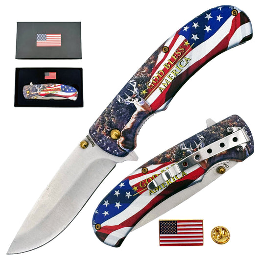 Spring assisted tactical knife by Rex Distributor, Inc., featuring a deer design and American flag pin on the handle.