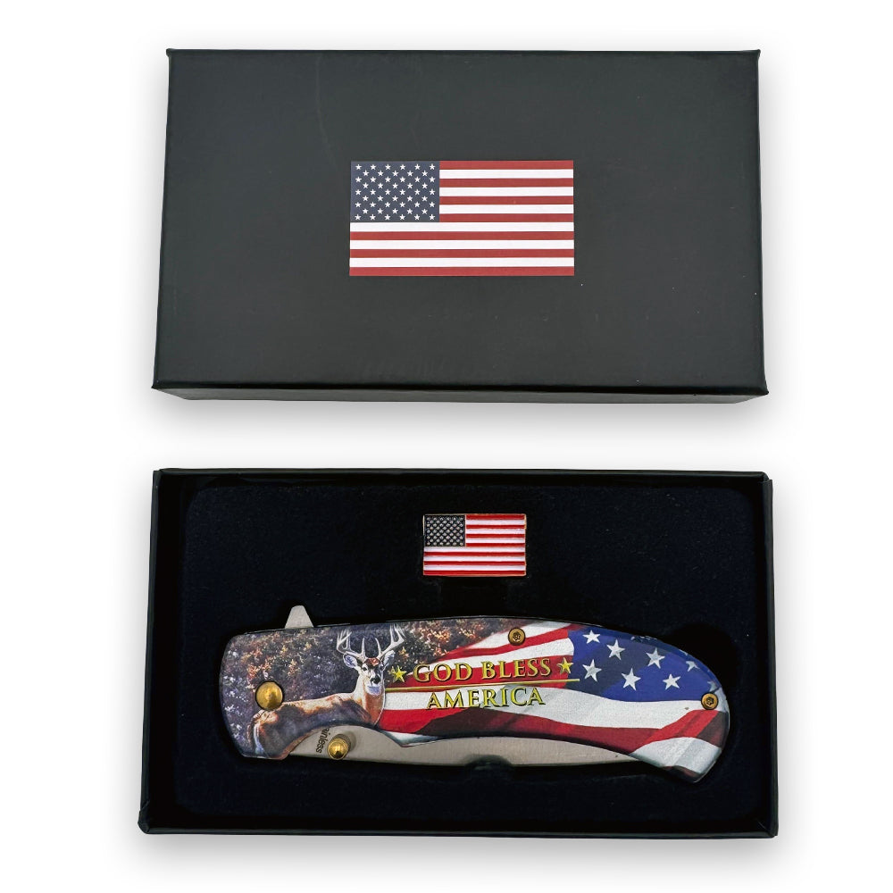 Spring assisted tactical knife by Rex Distributor, Inc., featuring a deer and flag pin, with a 4.75-inch open folding design.