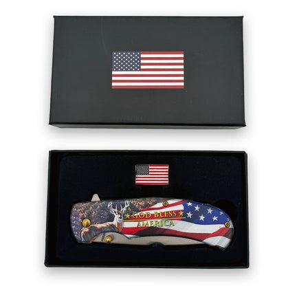 Spring assisted tactical knife by Rex Distributor, Inc., featuring a deer and flag pin, with a 4.75-inch open folding design.