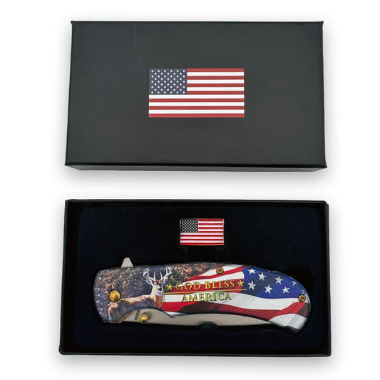Spring assisted tactical knife by Rex Distributor, Inc., featuring a deer and flag pin, with a 4.75-inch open folding design.