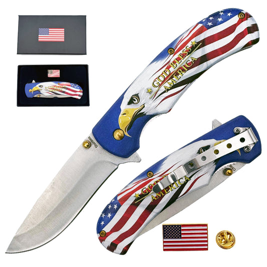 Spring assisted tactical knife by Rex Distributor with eagle and American flag pin, featuring open folding design and patriotic details.