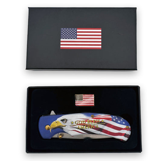 Spring assisted tactical knife with eagle design, American flag pin, and open folding blade, by Rex Distributor Inc.