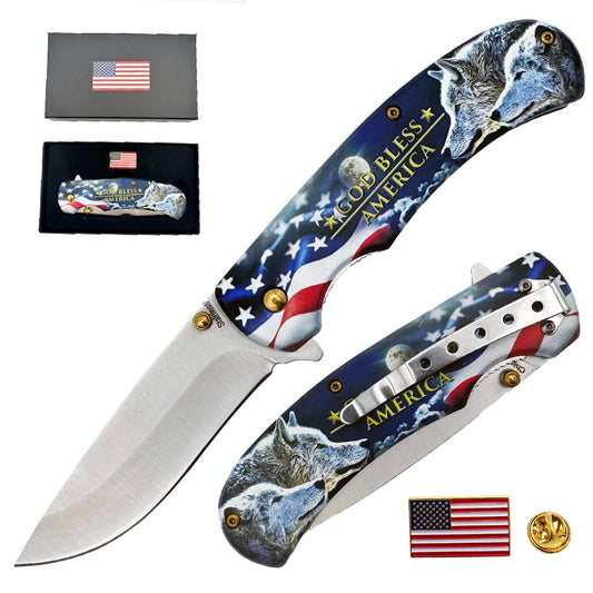 Spring assisted folding knife by Rex Distributor, Inc., features a wolf design, American flag pin, and patriotic motif.
