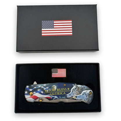 Rex Distributor Wolf Assist open folding tactical knife with American flag pin, 4.75-inch blade, spring-assisted design.