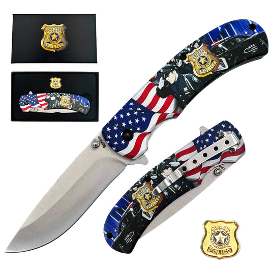 KN 1973-PO 4.75" Police USA Flag Assist-Open Folding Knife with Badge Pin