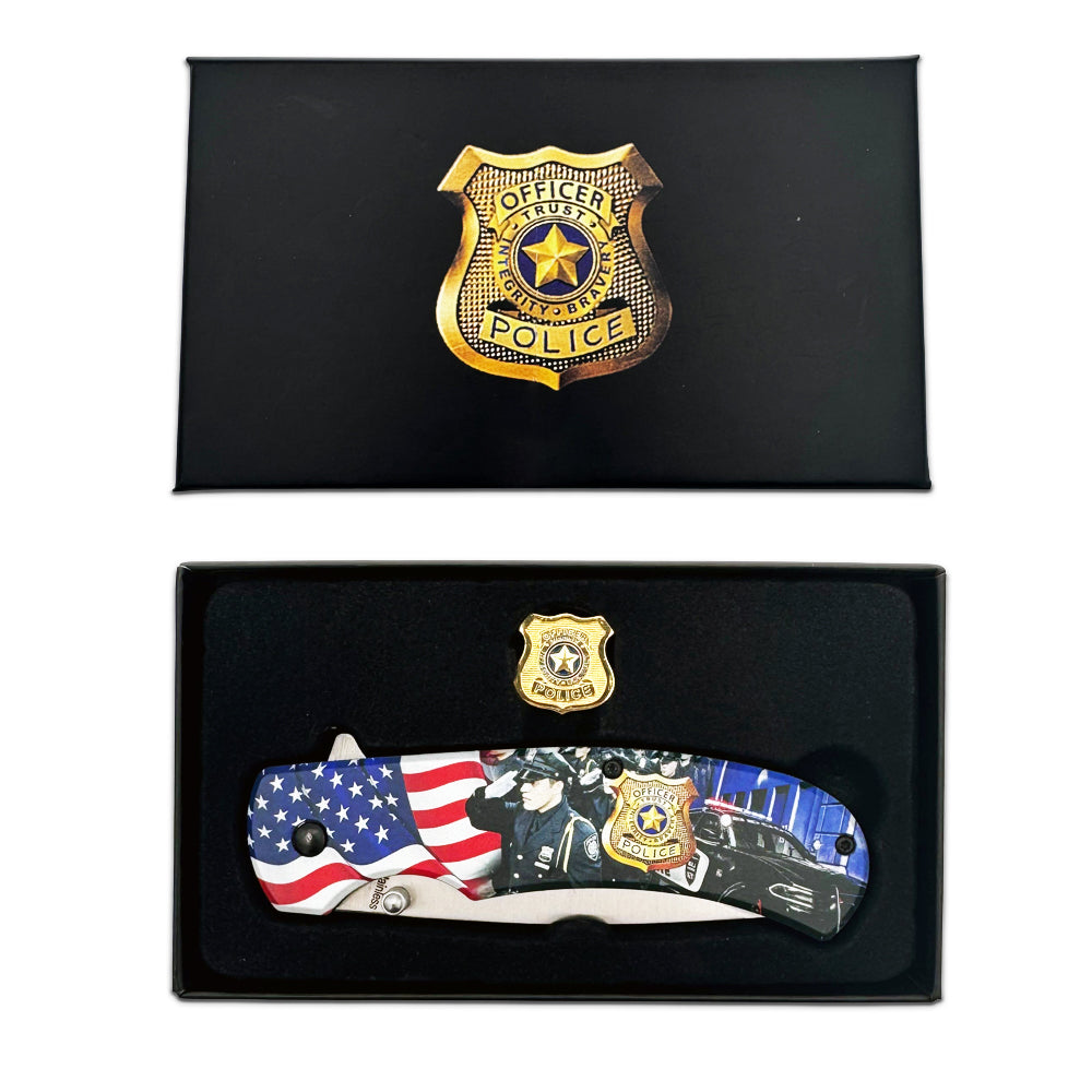 KN 1973-PO 4.75" Police USA Flag Assist-Open Folding Knife with Badge Pin