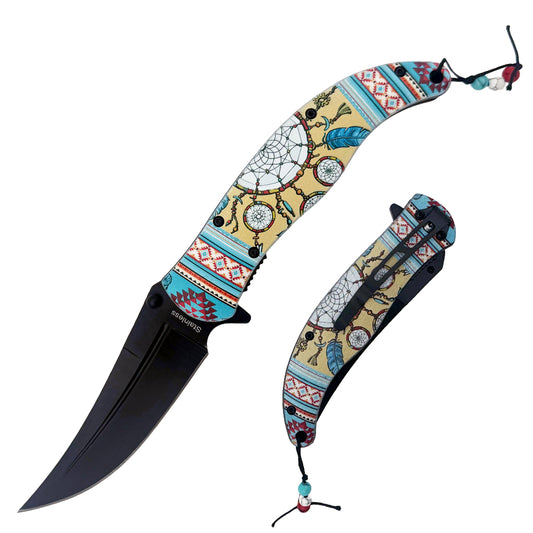 Rex Distributor KN 1978 5-inch Dreamcatcher tactical folding knife with trailing point blade and spring-assisted open mechanism.