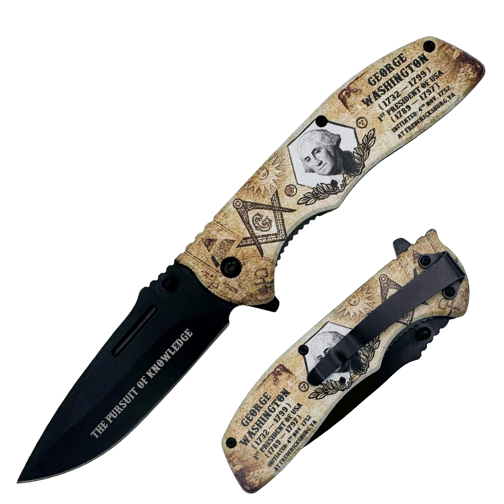 KN 1985-GW 4.5" George Washington Masonic Symbols Assist-Open Folding Knife with Belt Clip