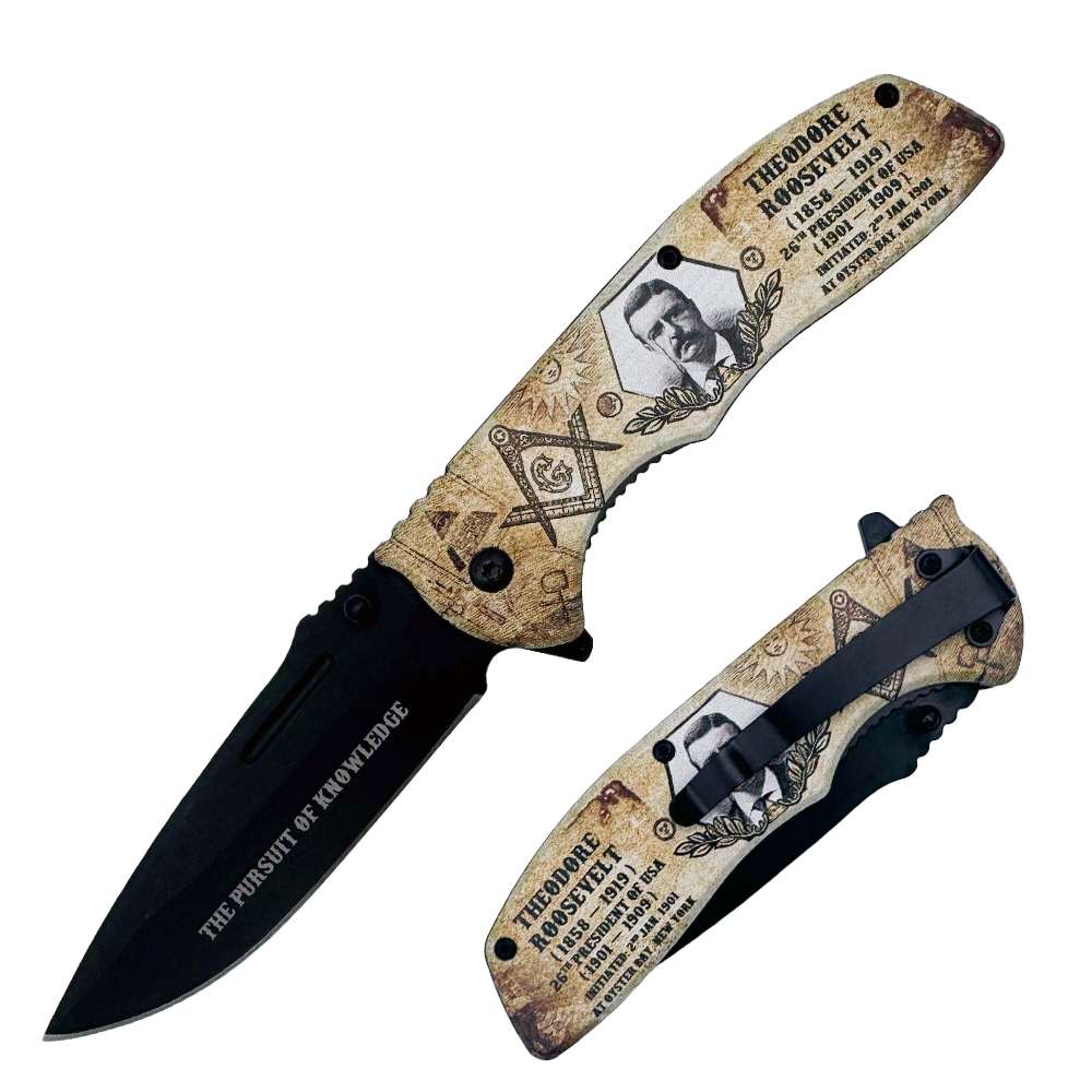 KN 1985-TR 4.5" Theodore Roosevelt Masonic Symbols Assist-Open Folding Knife with Belt Clip