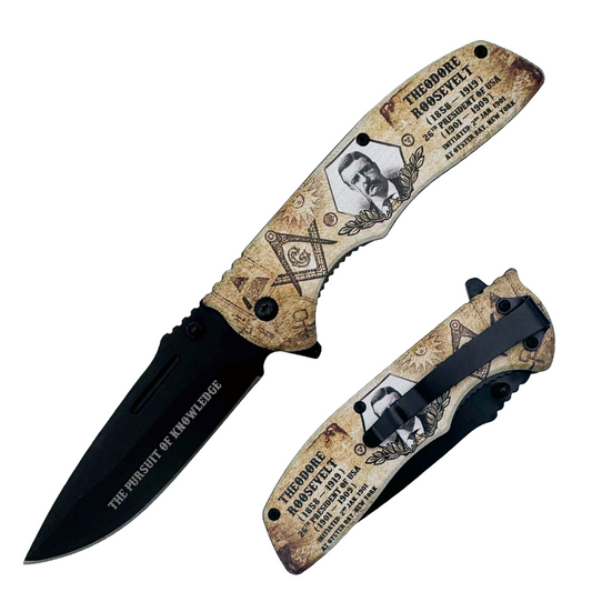 KN 1985-TR 4.5" Theodore Roosevelt Masonic Symbols Assist-Open Folding Knife with Belt Clip