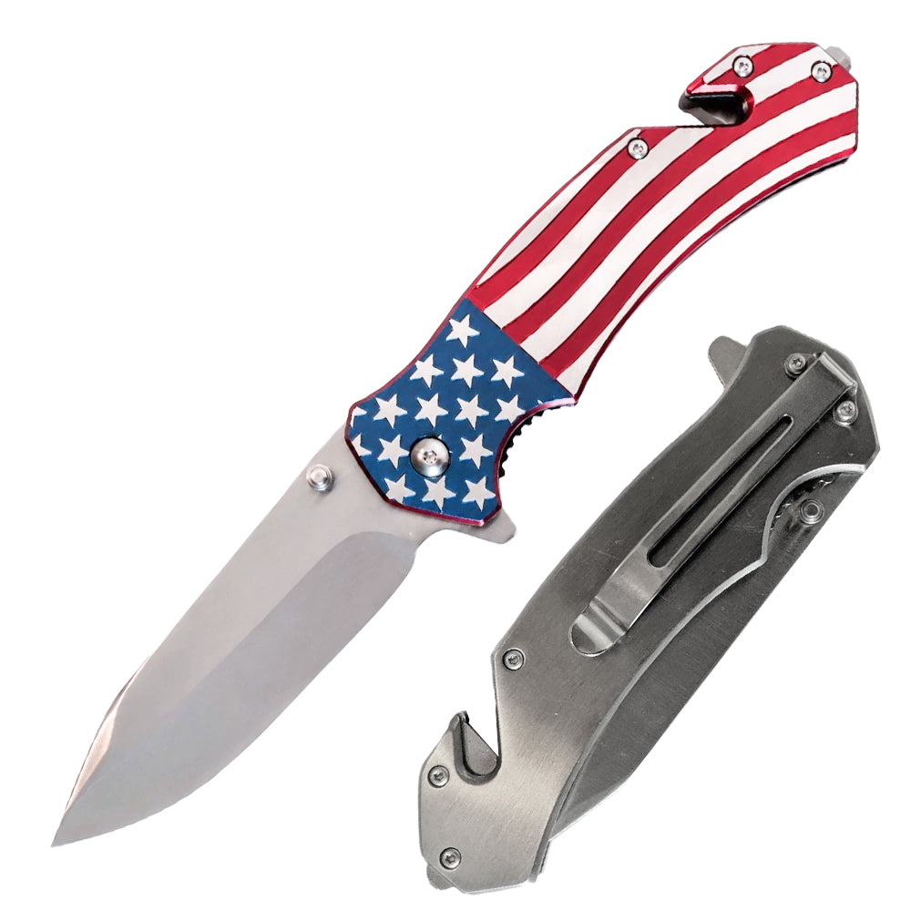 KN 1996-A 5" Metal Handle American Flag Folding Rescue Knife with Glass Breaker, Belt Cutter