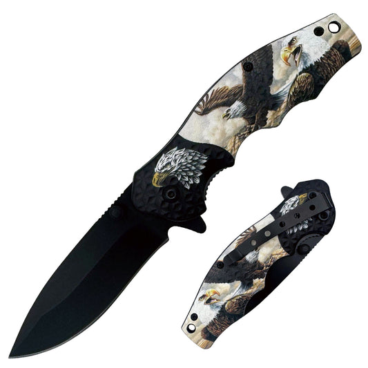 Rex Distributor Inc. KN 2012-E 4.5-inch textured eagle print spring-assisted tactical folding knife with belt clip.