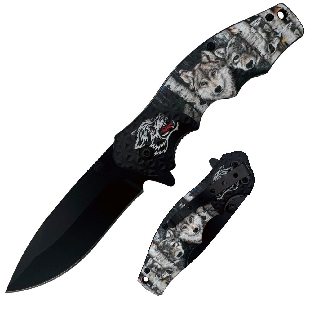 Rex Distributor KN 2012-W 4.5-inch textured wolf print spring-assisted folding tactical knife with belt clip.