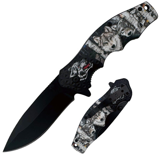 Rex Distributor KN 2012-W 4.5-inch textured wolf print spring-assisted folding tactical knife with belt clip.