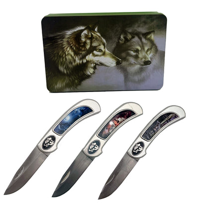 Display set of three Rex Wolf Knife tin box gift set featuring sharp, stainless steel knives with wooden handles.
