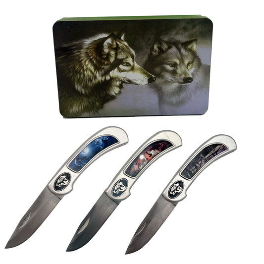 Display set of three Rex Wolf Knife tin box gift set featuring sharp, stainless steel knives with wooden handles.