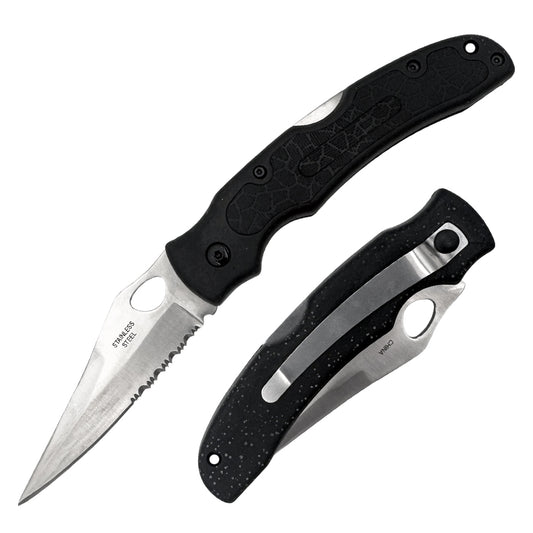 Black Rex Distributor Inc. KN 936-BK 5-inch partial serrated lockback folding knife with belt clip, manual EDC pocket knife.
