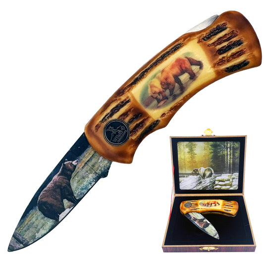Display set of Rex Distributor's KN 978-B 4-inch wildlife gift box bear lockback folding knife with detailed handle design.