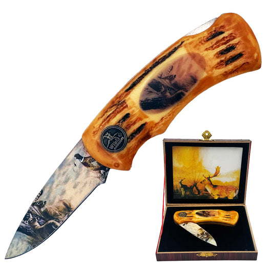 Display set of Rex Distributor deer lockback folding knives in a wildlife gift box, showcasing intricate deer design and craftsmanship.