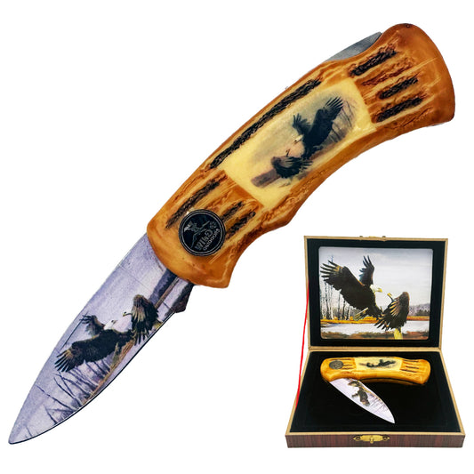 Display set of Rex Distributor, Inc. KN 978-E 4-inch eagle lockback folding knife in a wildlife-themed gift box.
