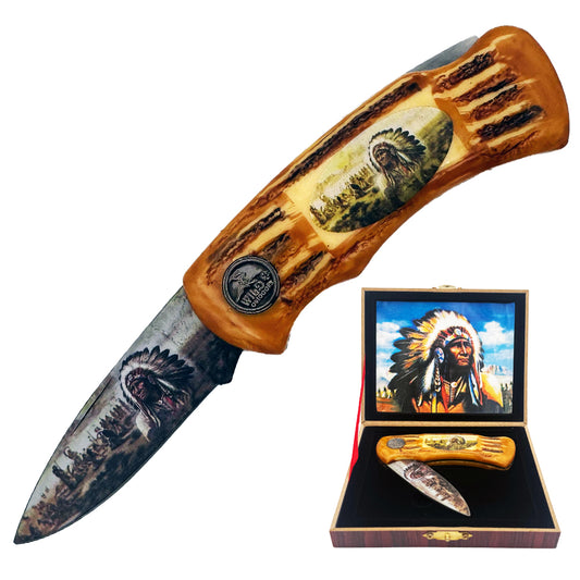 Display set of Rex Distributor Inc. KN 978-I 4-inch wildlife gift box American Indian lockback folding knives.