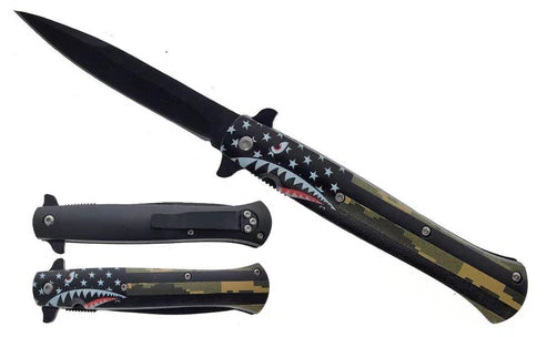 KS 1157-SH 5" Shark Teeth WW2 Plane USA Flag Assist-Open Slim Handle Folding Pocket Knife