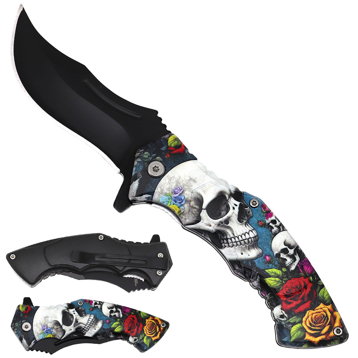 Rex Distributor KS 1340-SK1 4.5-inch skull and roses tactical folding knife with spring-assisted open and trailing point blade.
