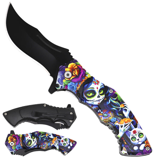 Rex Distributor KS 1340-SK4 4.5-inch skeleton and cat trailing point tactical folding knife with assist-open mechanism.