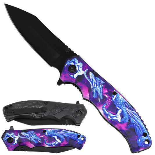 Blue Dragon assist-open folding tactical knife with belt clip, 4.5-inch blade, by Rex Distributor, Inc., in blue finish.