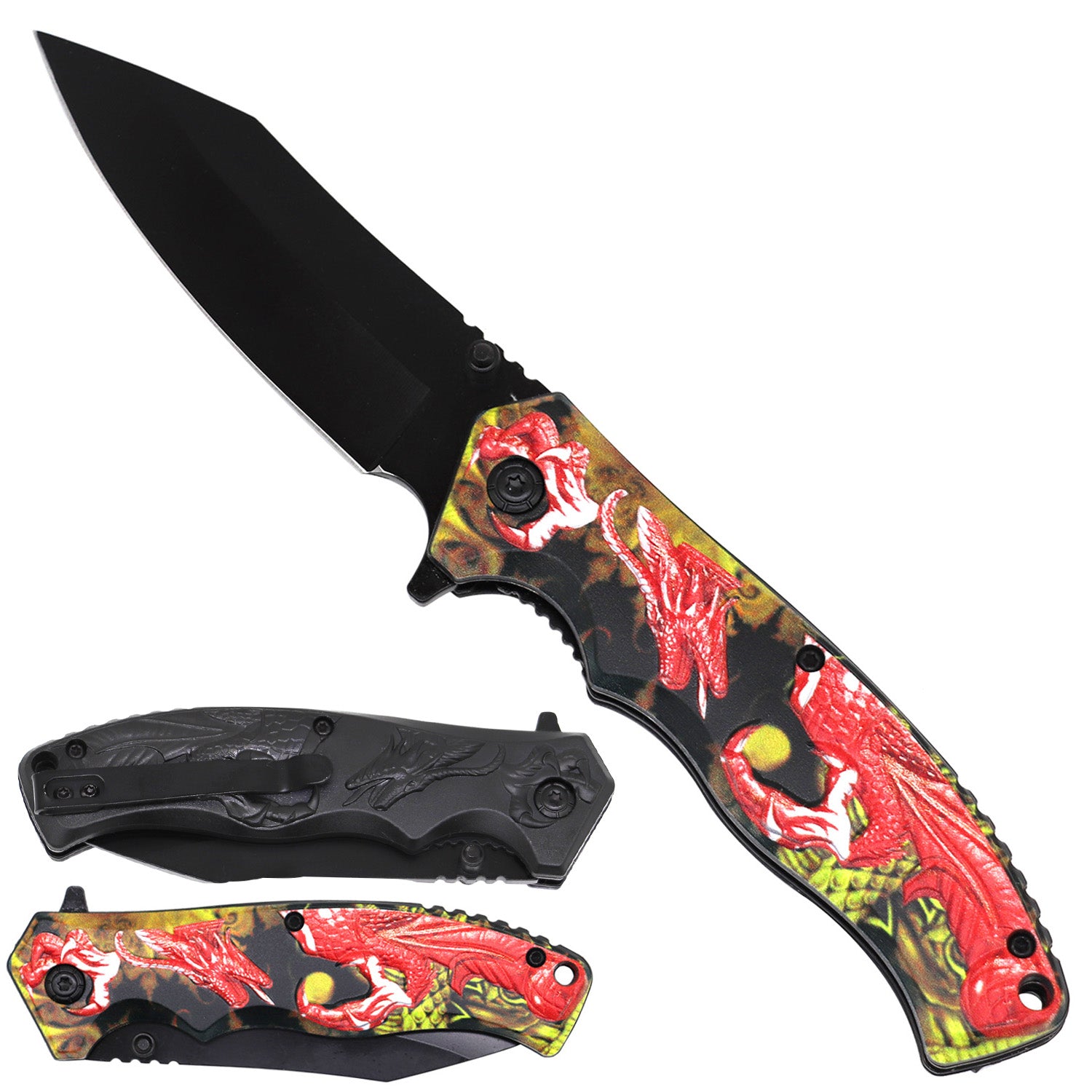 Red Dragon assist-open folding tactical knife by Rex Distributor with 4.5-inch blade and belt clip, part of KS 1497-RD series.