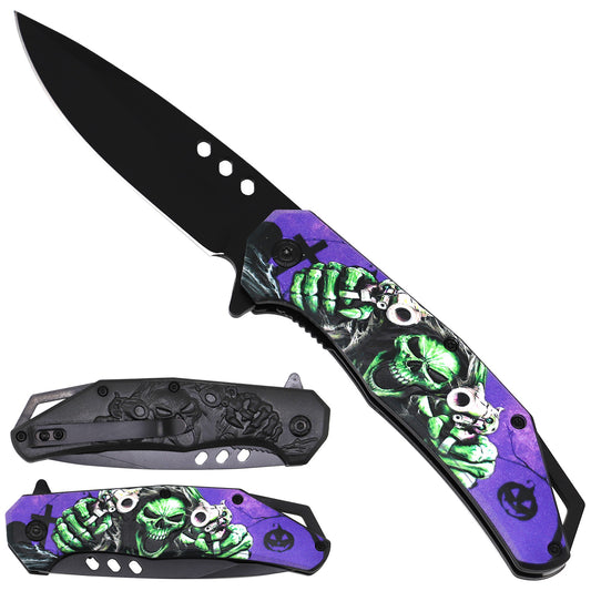 Rex Distributor Inc. KS 1498-GN green skull assist-open folding tactical knife with belt clip, 4.5-inch blade, spring-assisted opening
