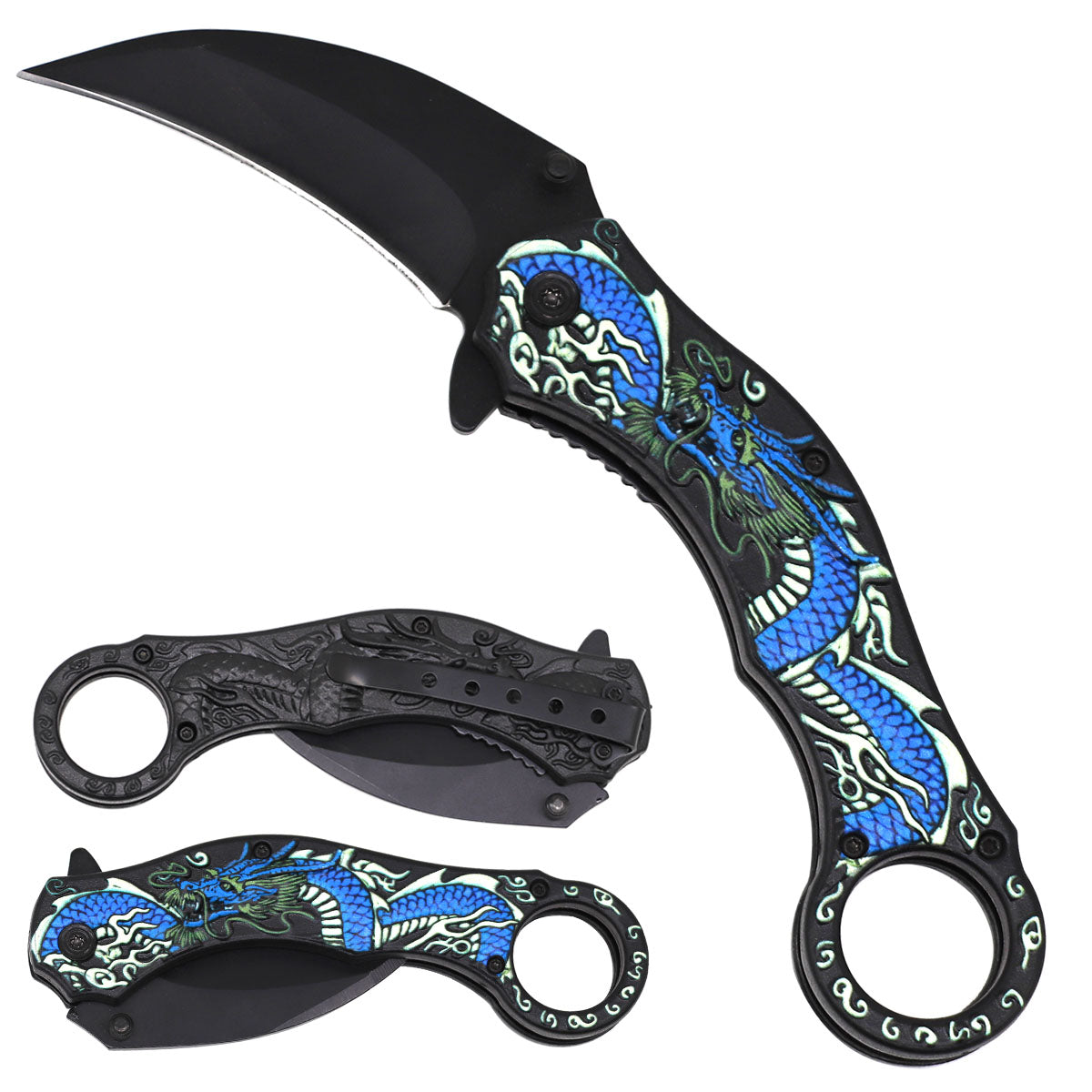 Black blade blue dragon handle KS 1703-BL folding karambit knife with assist-open mechanism, tactical spring-assisted design.
