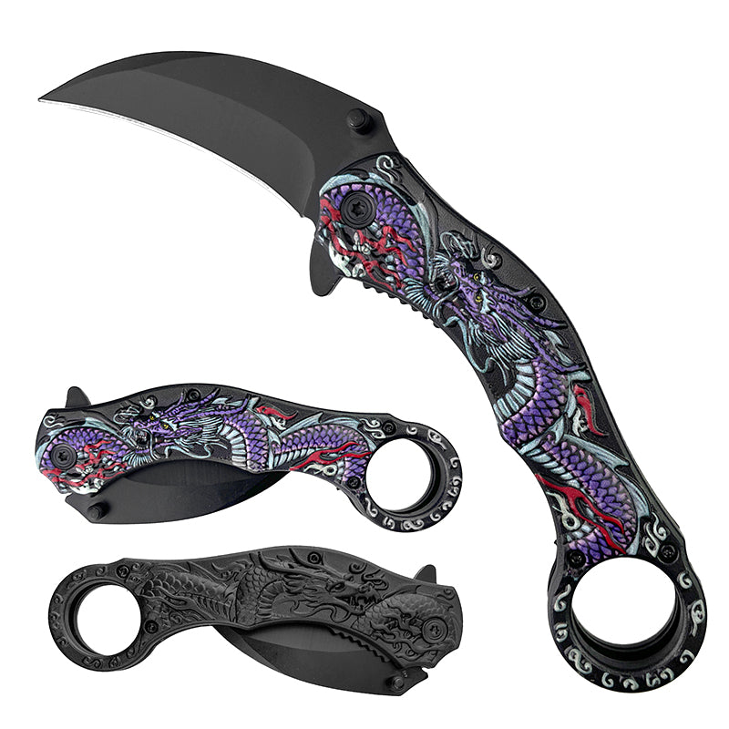 KS 1703-PP 4.5" Black Blade Purple Dragon Handle Assist-Open Karambit Folding Knife