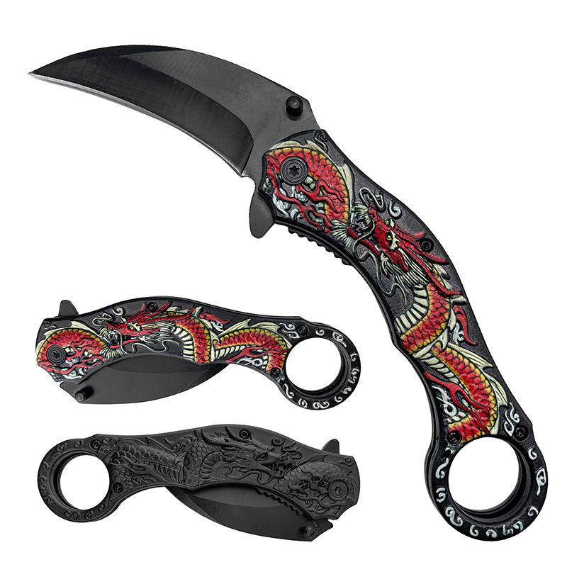 Black blade Rex Distributor KS 1703-RD 4.5-inch red dragon handle assist-open karambit folding knife.