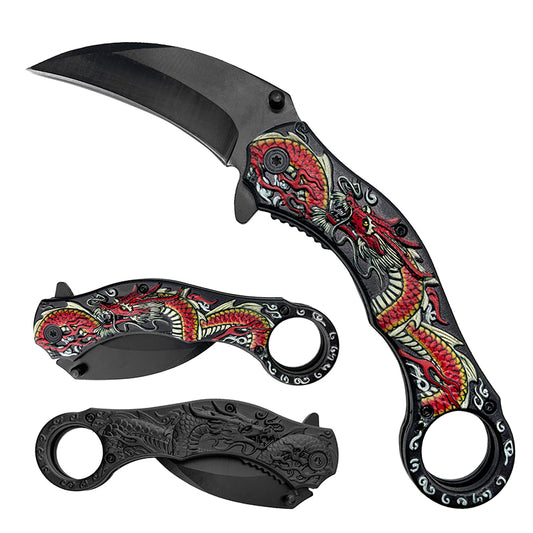 Rex Distributor KS 1703-RD 4.5-inch black blade red dragon handle assist-open folding karambit tactical knife