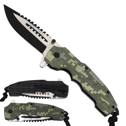 Rex Distributor KS 1979-AD tactical folding knife with 5-inch green camo handle, spring-assisted open and paracord attachment.