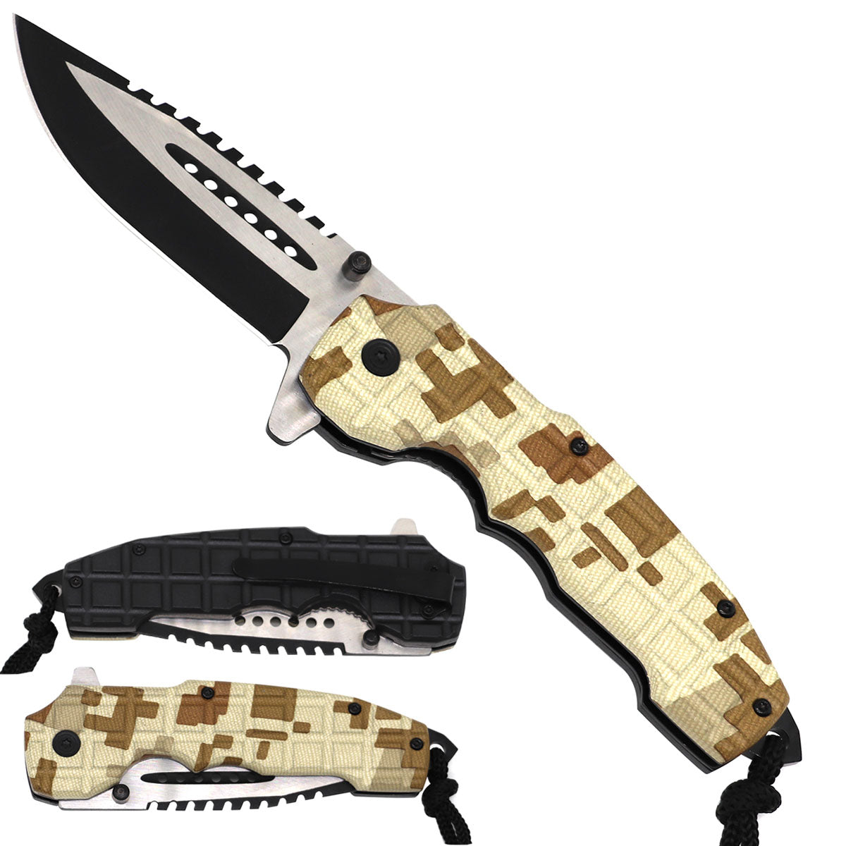 Rex Distributor 5-inch desert camo tactical folding knife with assist-open mechanism and paracord handle.